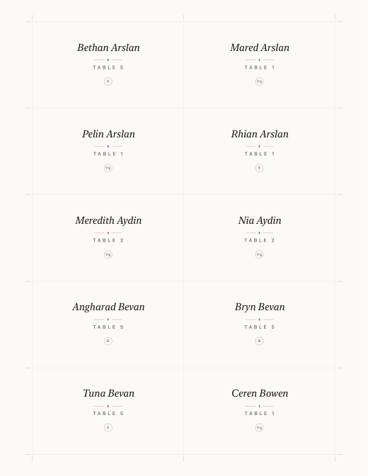 A sheet of ten flat escort cards for Yasmin and Owen, each with a guest&rsquo;s name, their table and a small circled meal mark.