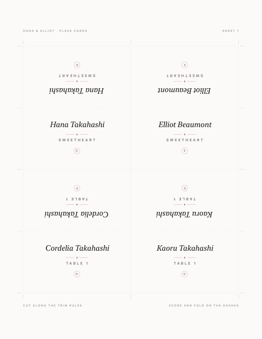 A US Letter sheet of four tent place cards for Hana and Elliot, each name printed twice head-to-head so it reads from both sides once folded, with cut and fold guides.