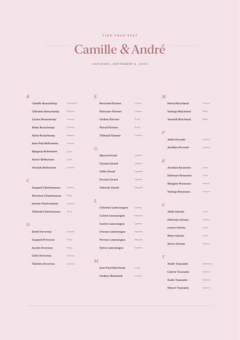 Camille and Andr&eacute;&rsquo;s seating poster in the Blush style at A2: mauve display lettering and an italic ampersand on blush-pink stock, with tables named for flowers.