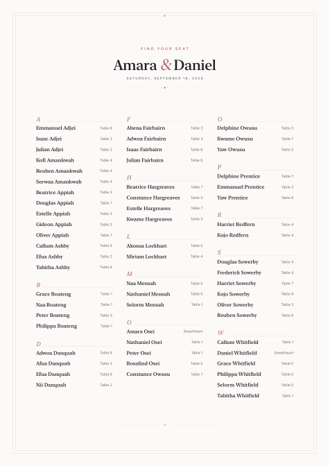 Amara and Daniel&rsquo;s A2 seating poster in the Classic style: an engraved invitation border, a centred masthead, and every guest listed under their surname&rsquo;s letter in three columns, each with a dotted leader to their table.