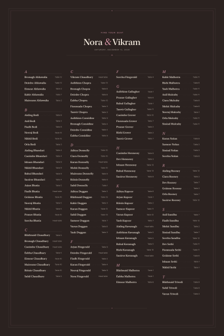 Nora and Vikram&rsquo;s seating poster in the Evening style on a 24 by 36 inch board: cream lettering inside a fine double rule on a warm near-black ground.