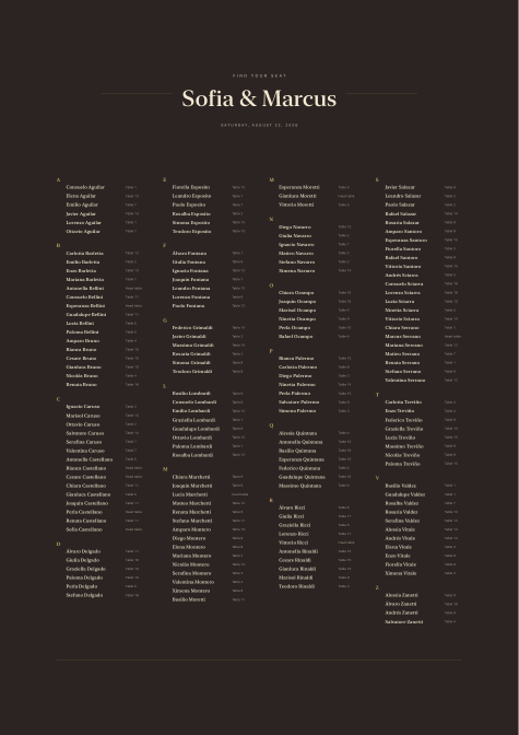 Sofia and Marcus&rsquo;s seating poster in the Gilded style, printed A1: gold rules and hung capitals on a dark ground, carrying all 170 guests in five columns on a single sheet.