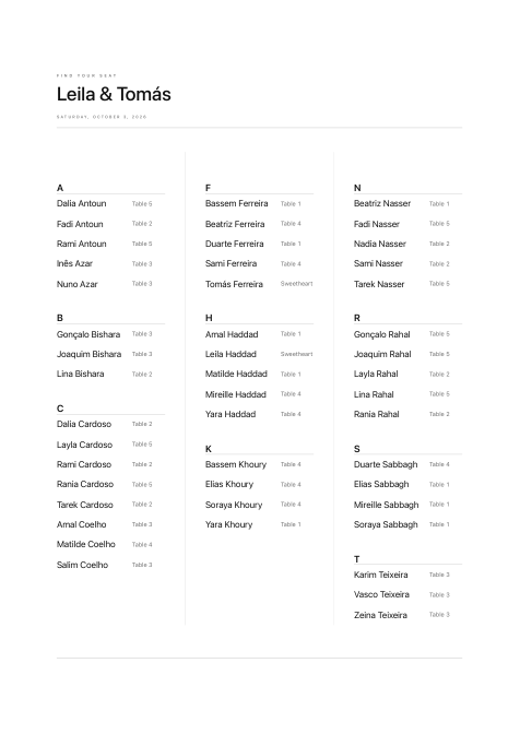 Leila and Tom&aacute;s&rsquo;s seating poster in the Minimal style at A2: no border, one hairline weight, and the section letters hung in their own gutter beside three columns of names.