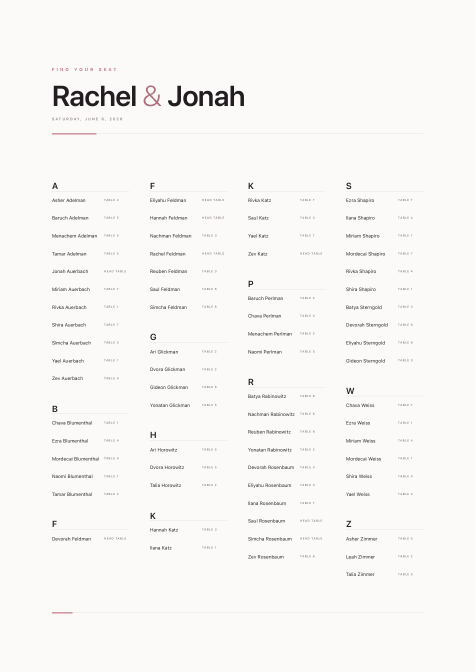 Rachel and Jonah&rsquo;s seating poster in the Modern style at A2: a contemporary sans-serif ranged left on a strict grid, with hairline rules between the columns.